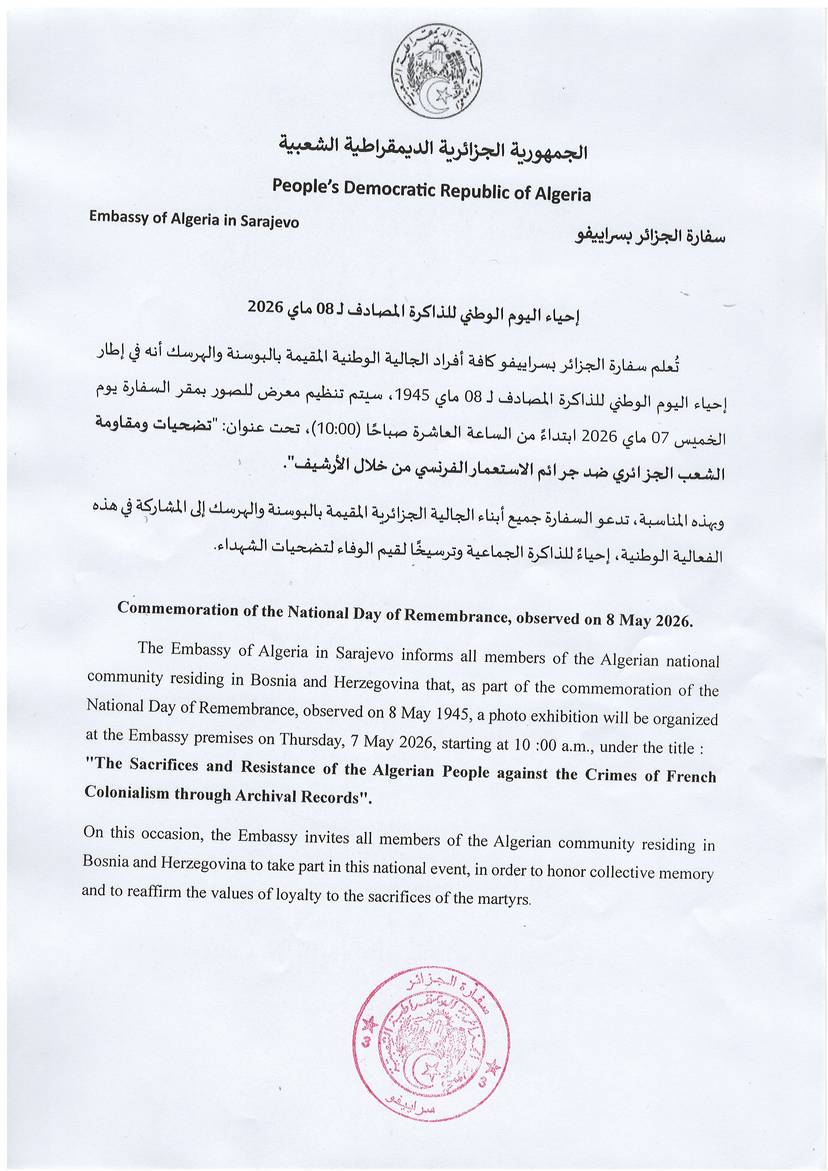 Commemoration of the National Day of Remembrance – Embassy of Algeria in Sarajevo